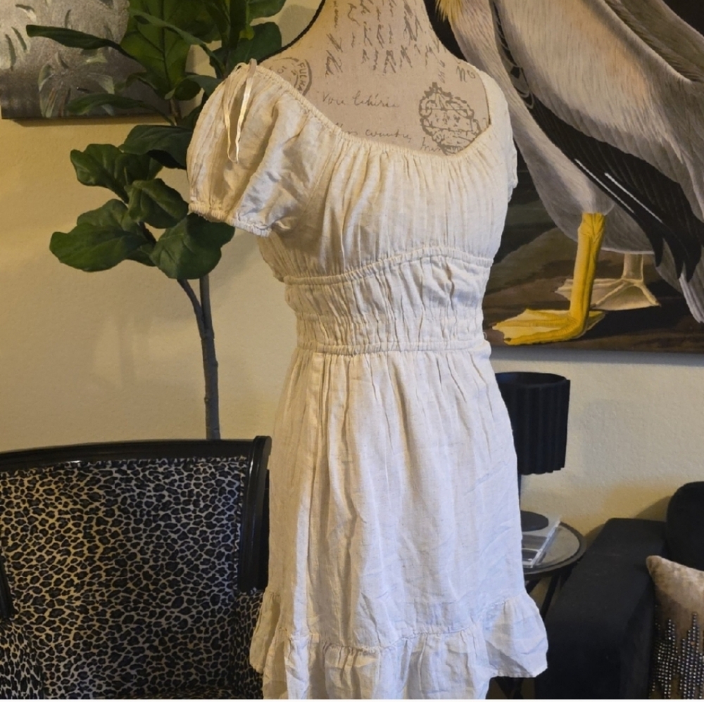 Sim & Sam Linen Blend Oatmeal Summer Cottage Coastal Mini Dress